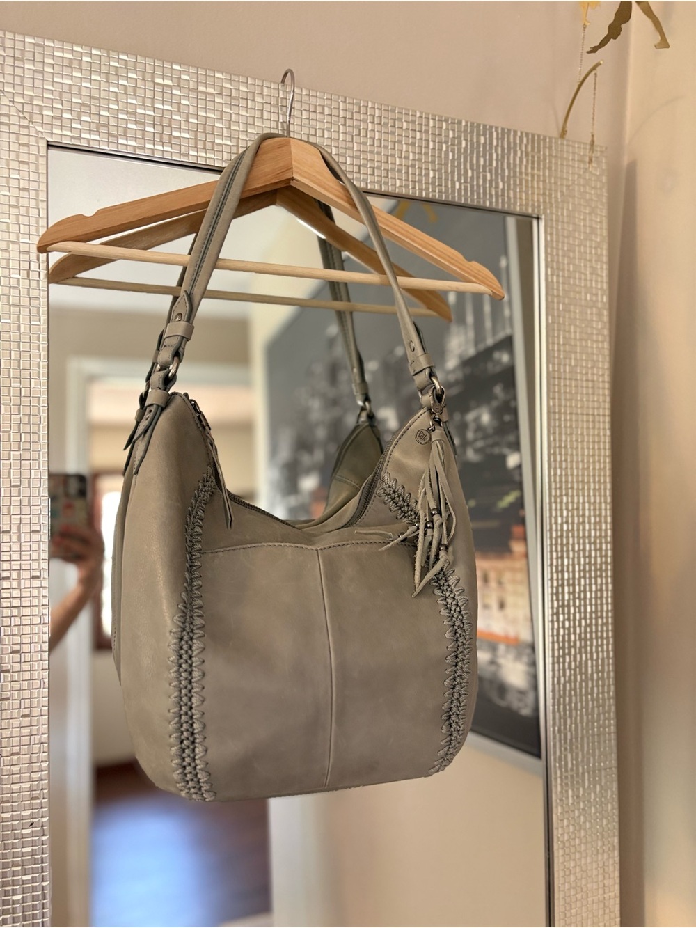 THE SAK Neutral Gray/blue Leather Hobo Bag with Braided Detail